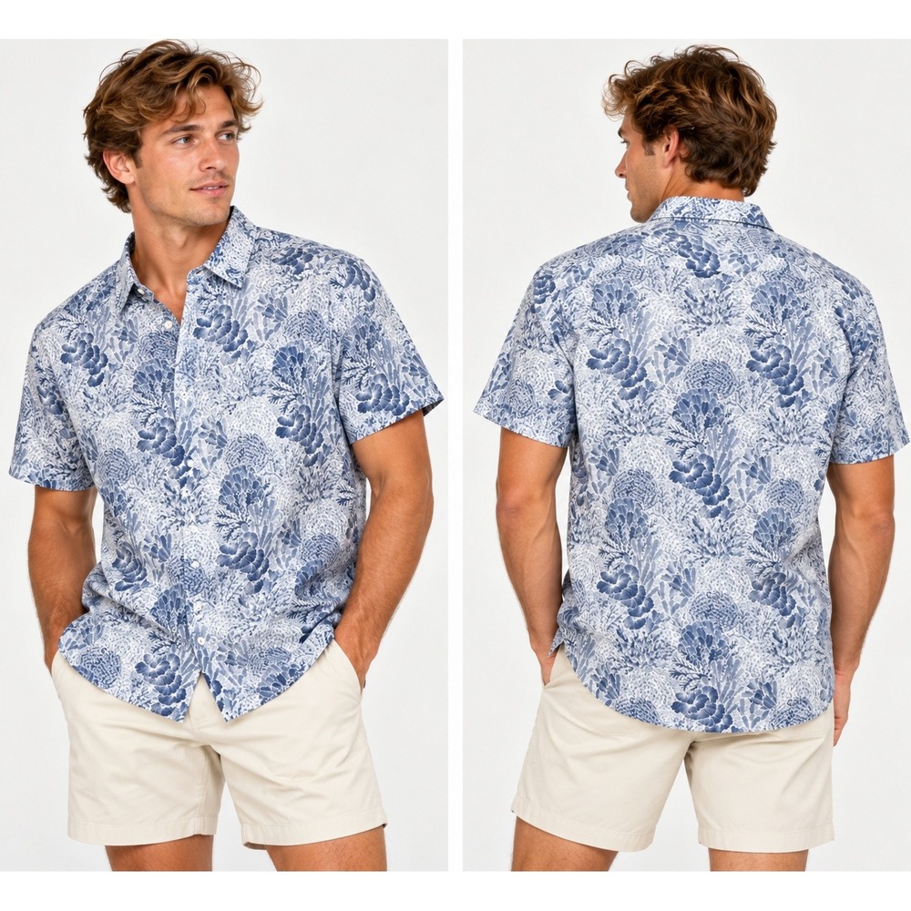 Tori Richard Shirt Medium Blue White Coral Print Hawaiian Aloha Short Sleeve